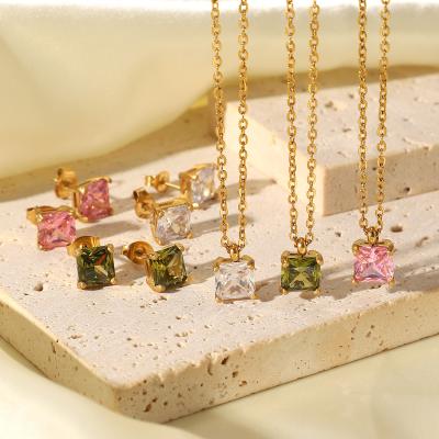 China French Vintage Hiphop 18K Gold Plated Colorful Stainless Steel Jewelry Gift Square Cubic Zirconia Pendant Necklace For Women for sale