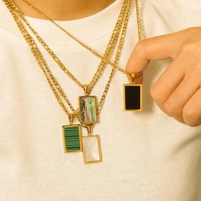 China Hiphop Rectangular Abalone Malachite, Agate Shell Necklace Stainless Steel Plated Pendant Chain Necklace for sale