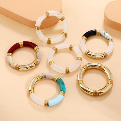 China Casual/sports the latest selling retro arc acrylic elastic bamboo tube bracelet multicolor marble bracelet for sale