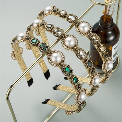 China European and American retro press Korea style thin edge rhinestone alloy pearl headband hair band for women for sale