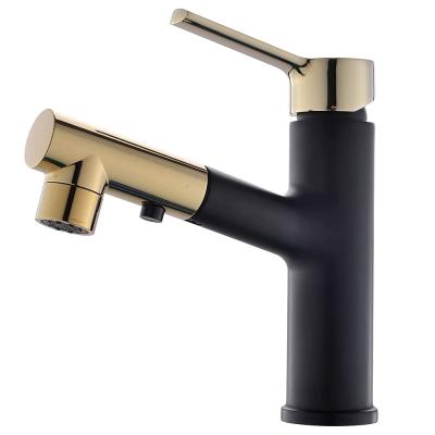 China JDOOR Fashion Contemporary Black and Gold Water 2 Pull Out Hot and Cold Single Hole Basin Faucet Brass Single Handle Bathroom Basin Faucet Mixer for sale