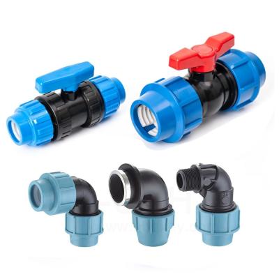 China PP Polypropylene Compression Plastic Pipe Fittings Elbow Tee Irrigation Ball Valve for sale