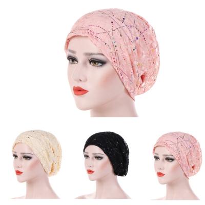 China New Style 2019 Fashion Colorful Shimmer Glitter Muslim Turban For Women Hijab Hat Turban Cap Lace for sale