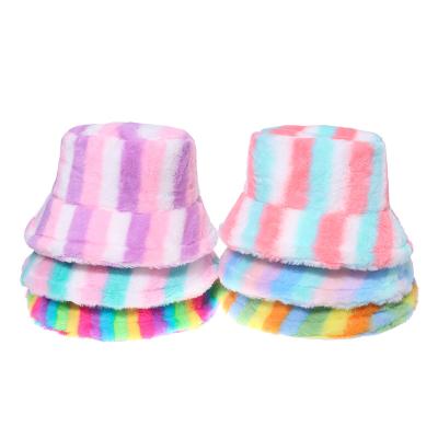 China Female Fisherman Hat Winter Rainbow Stripe Style Of New Plush 2021 Rabbit Hat Trend Net Red Hair Thermal Female for sale