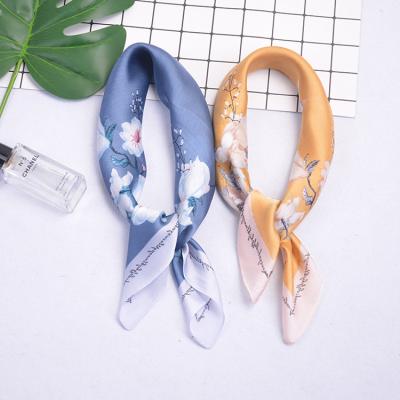 China 2020 New Style Square Fashion Women's Floral Silk Hijab Satin Scarf Printed Small Handbag Silk Square Neck Scarf 53*53 for sale