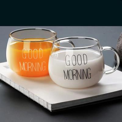 China Stocked 2 PCS Letter Printed Transparent Coffee Juice Tea Mug Tempered Glass Milk Cup Breakfast Cup Oatmeal Transparent Creative Mug for sale