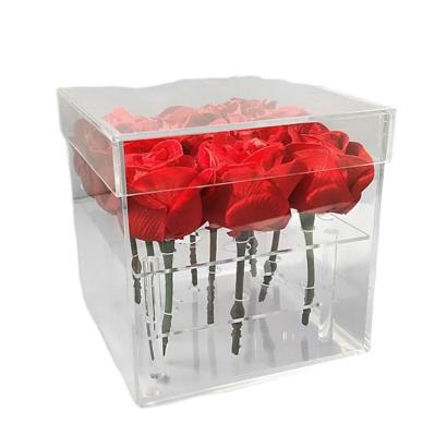 China 16 Holes 20*20 Square Roses Box Transparent Flower Packaging Box Acrylic Flower Boxes For Preserved Flowers 20*20*15cm for sale