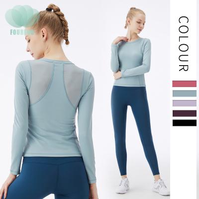 China Breathable Custom Logo Women Two Piece Ladies Yoga Sets Yoga Suit With Mesh Tight Chest Pad Long Sleeve Fitness Running Sportswear for sale