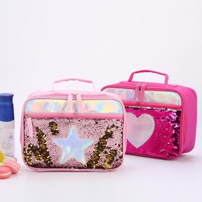 China American Glitter Girls Glitter Lunch Bag With Reversible Holographic Sequin Lunch Box Insulated Waterproof Cooler Handbag for sale