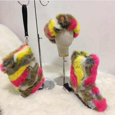 China Fashion Winter Sale Hot Colorful Plush Furry Set With Fur Headband Bag Snow Boots Set Women for sale