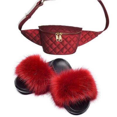 China Daily Life Faux Fox Fur Slippers With Belt Colorful Bag Diamond Shaped Fur Slippers Set For Women Wholesale for sale