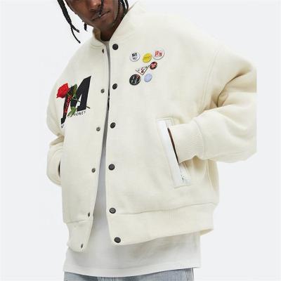 China 100% Custom Made Spring Wool Rose Embroidery Fleece White Button Closure Varsity Letter Jacket Breathable For Men for sale