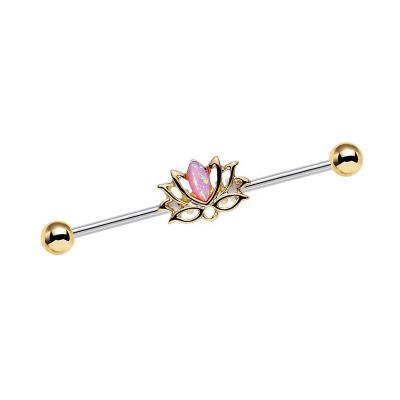 China CLASSIC Industrial 14G Lutus Barbell with Pink Opal and Gold Balls Ear Piercing Jewelry for sale