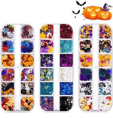 China Eco-friendly Material 3D Skull Spider Pumpkin Bat Ghost Witch Stickers For Acrylic Nails, Halloween Wood Pulp Glitter Flakes For Nail Art Decorations for sale