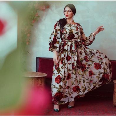 China Islamic Women Dresses Middle East Turkey Autumn New Fashion Ruffled Rose Printed Bohemian Dress Muslim Women Clothing for sale