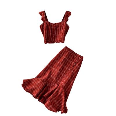 China New summer suit quality short top fishtail plaid skirt suspender and high waist anti-static vest for sale