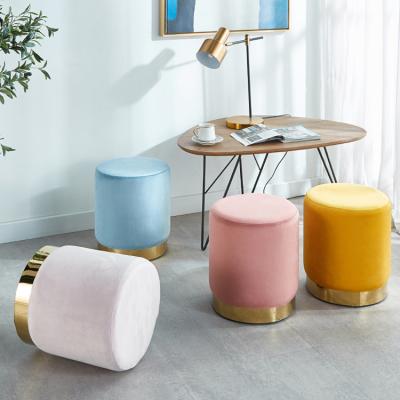 China Modren Stool New Turned Foot Furniture Modern Home Indoor Luxury Living Room Gold Metal Velvet Ottoman Stools for sale