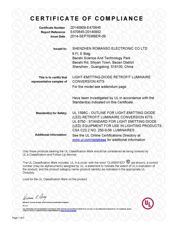 UL - Certificate of compliance - Shenzhen Romanso Electronic Co., Ltd