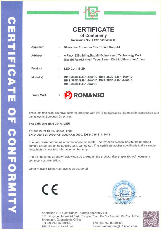 CE - Certificate of Conformity - Shenzhen Romanso Electronic Co., Ltd