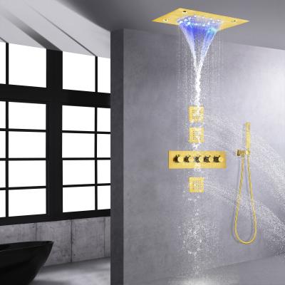 China Slide Barless Brushed Gold Luxurious Thermostatic Shower System 14 x 20 Inch LED Waterfall Rainfall Shower Head for sale