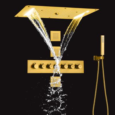 China Without Sliding Bar Brushed Gold LED Thermostatic 700X380 mm Concealed Shower System Shower Mixer Rainfall Waterfall Massage for sale