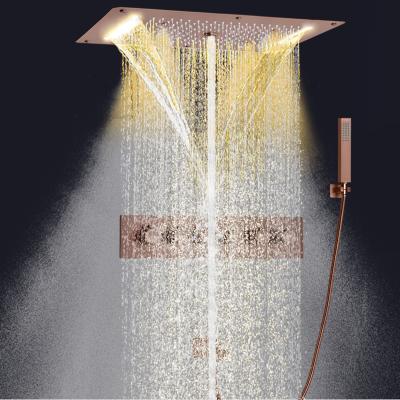 China Without Sliding Bar Brown Shower Set Wall Mounted Thermostatic Waterfall Bathroom LED Top Shower With Hand Grip for sale