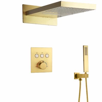 China Slide Bar Free Brushed Gold Waterfall Push Button Thermostatic Shower Set Bathroom Rainfall Hand Shower Handset for sale