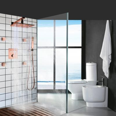 China Headless Sliding Bar LED Rose Gold Thermostatic Rain Shower With Hand Held Single Spray Handle Bathroom Shower System for sale