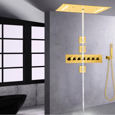 China Without Slide Bar Gold Polished Thermostatic Control Ceiling Shower Rainfall Hand Hold Shower Head Panel Massage Shower Set for sale