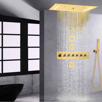 China Gold Free Slide Bar Polished Modern Thermostat LED Gold Rainfall Shower Set Spray Waterfall With Hand Grip for sale