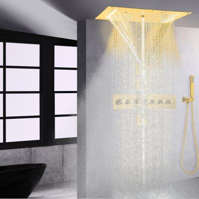 China Without Slide Bar Gold Polished Bath Thermostatic Shower Faucet Bubble Control Waterfall SPA Overhead Shower Combination Set for sale