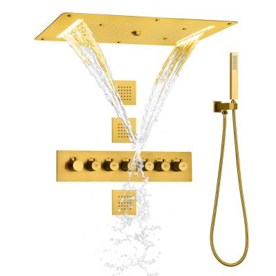 China Without Slide Bar Gold Rainfall Shower System 700X380 Mm Thermostatic Brushed Bathroom Shower Head With Hand Shower for sale