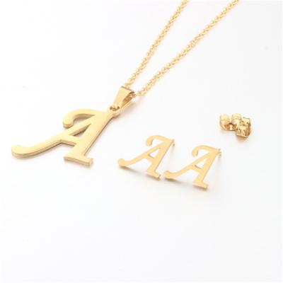 China New Trendy A-Z Fashion Stainless Steel Letter Gold Pendant Plated Chain Necklace Earring Jewelry Sets Women for sale