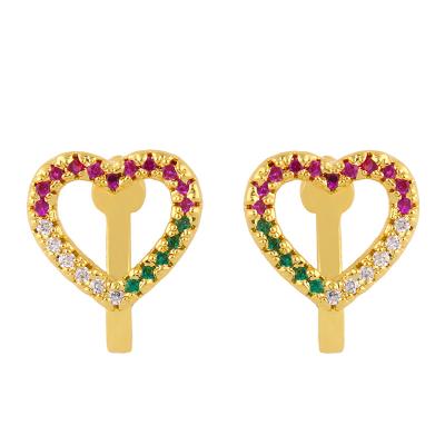 China Fashion Jewelry RAINBOW CLARMER CZ CLARMER Gold Cubic Zircon Heart Stud Clip On Earrings For Woman Wholesale for sale