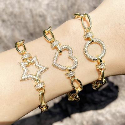 China Trendy Heart Geometric Star Zircon Pop CLARMER Cuban Link Chunky Gold Plated Cuban Link Chain Bracelet For Woman for sale