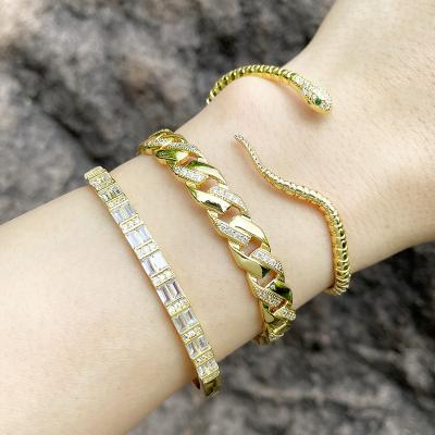 China CLARMER Factory Direct Sale TRENDY Cubic Zircon 18K Gold Plated Punk Hip Hop Diamond Snake Bracelet Female Bracelet for sale