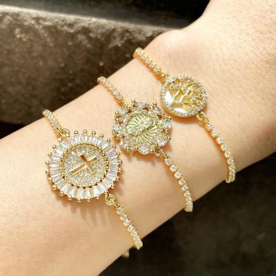 China FASHIONABLE Adjustable CLARMER Round Cross Zircon Bracelet High Quality 18K Gold Plated 18K Gold Plated Zircon Bracelet for Woman and Girls for sale