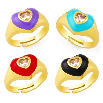 China FASHIONABLE CLARMER 2022 New Design 18K Gold Plated Zircon 3A Heart Shape Enamel Cuff Rings Adjustable Brass Rings For Woman for sale