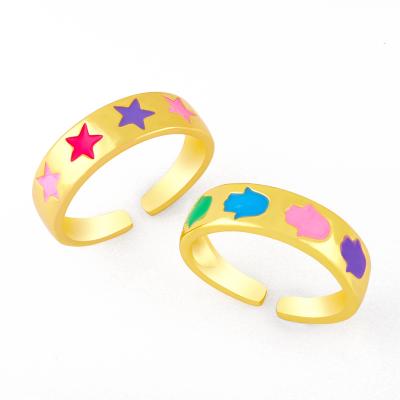 China CLARMER FASHIONABLE Hot Sale 18K Gold Plated Rings Round Shape Enamel Cuff Rings Adjustable Brass Star Profile Rings For Woman And Girls for sale