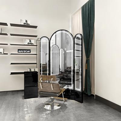 China Retail Bestselling Illuminated Barber Shop Furniture Metal Frame Hair Salon Mirrors Golden Silver for sale