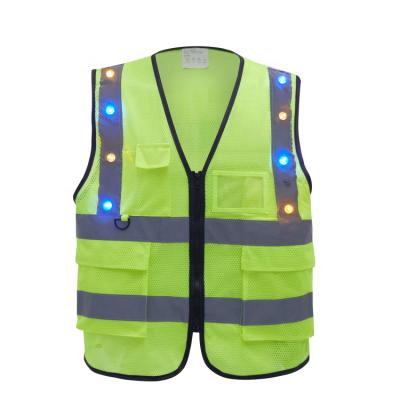 China FLASH LED Factory Customize Mesh Breathable High Visibility Illuminated LED Safety Jackets with 16 Blue and Yellow Led Flashing Lights for sale