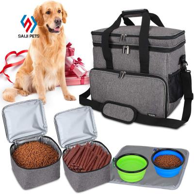 China Saiji Viable Multifunctional Dog Backpack Pet Carrier Travel Portable Bag with Two Food Storage Containers for sale