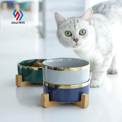 China Saiji Fiber Frame Luxury Sustainable Pet Food Bamboo Water Simple And Fresh Ceramic Dog Bowl For Cat for sale