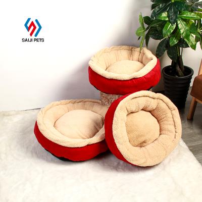 China Saiji Breathable Winter Deep Sleep Princess Pet Bed OEM Soft Luxury Pink Cushion Cat Dog Round Heating Bed for sale