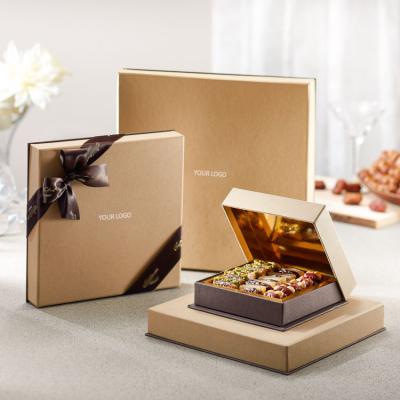 China Logo Recyclable Custom Golden Box Luxury Chocolate Box With Ribbon Dessert Packaging With Paper Divider for sale