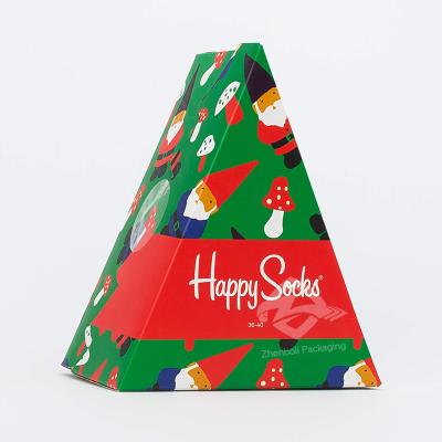 China Recyclable Custom Full Color Printing Empty Paper Socks Box Christmas Triangle Sock Packaging Box for sale