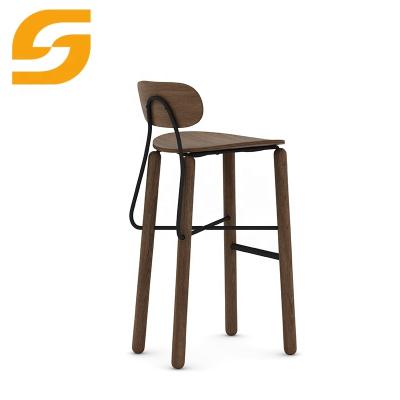 China Wholesale Modern Commercial Walnut Color Oak Metal Frame Foshan Metal Frame Counter Height Wooden Bar Stools With Footstool for sale