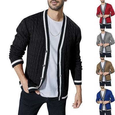 China Anti-pilling Men's Stripe Slim Fit Knit Matching Colors Multicolor V-Neck Cardigan Single Breasted Long Sleeve Sweater for sale