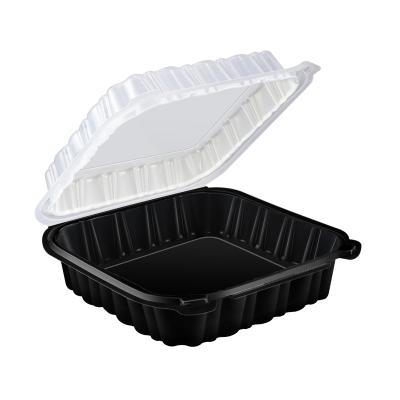 China 9 Inch Disposable Take Out Double Square Color Hinged Microwavable Lid Container With 1 Compartment Clear Lid Black Base for sale