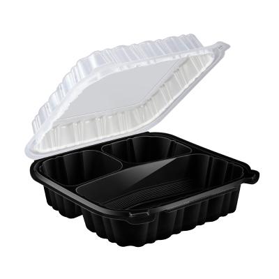 China 8 Inch 36 Oz Disposable Take Out Square Color Double Hinged Lid Microwave Food Container Lid Clear Black Base With 3 Compartments for sale